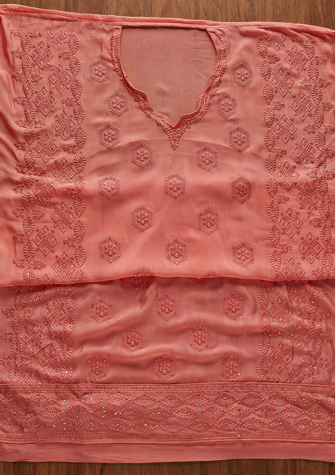 Pink Pearlwork Chiffon Designer Unstitched Salwar Suit - Koskii