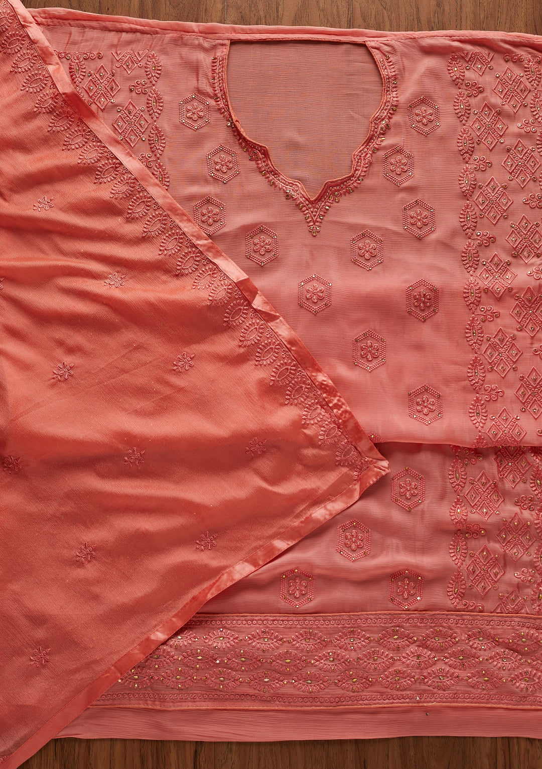 Pink Pearlwork Chiffon Designer Unstitched Salwar Suit - Koskii