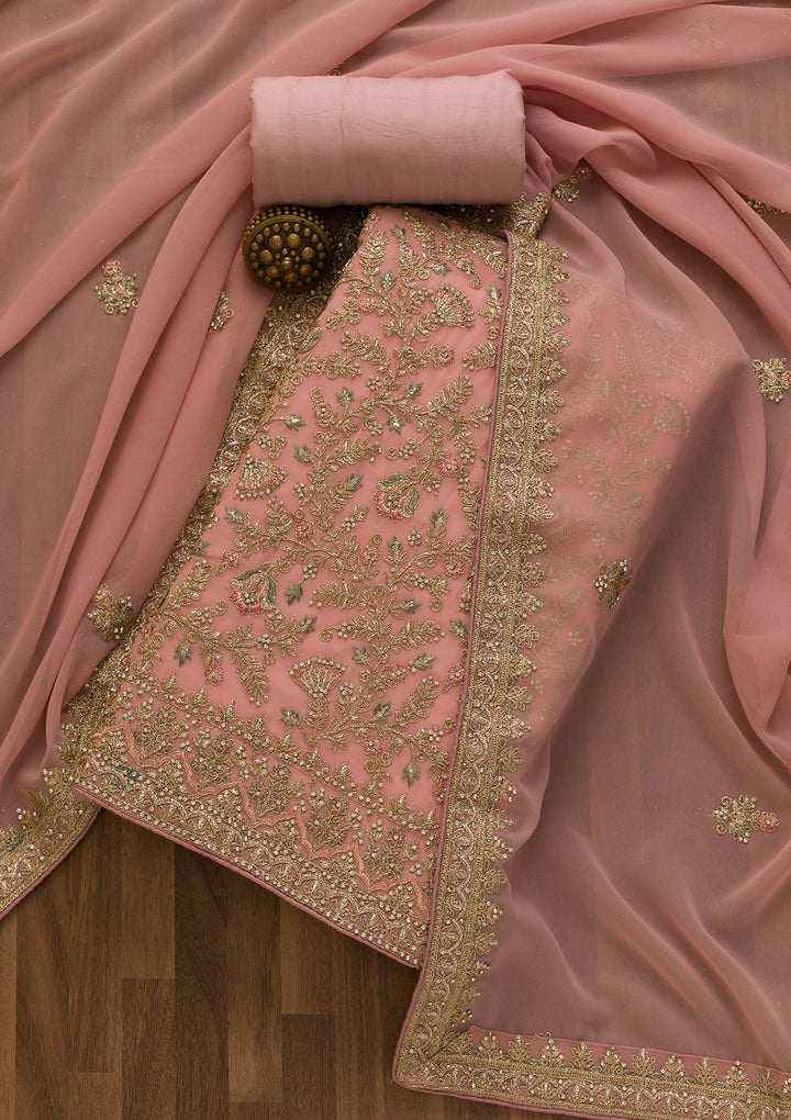 Pink Pearlwork Georgette Unstitched Salwar Kameez-Koskii