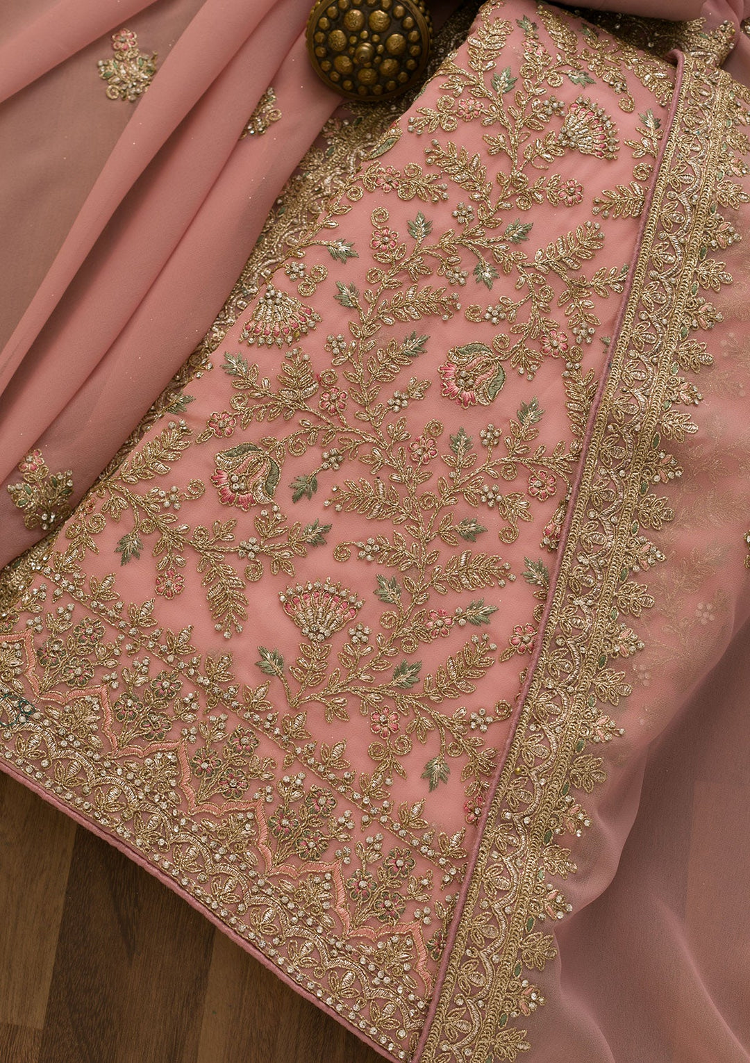 Pink Pearlwork Georgette Unstitched Salwar Kameez-Koskii