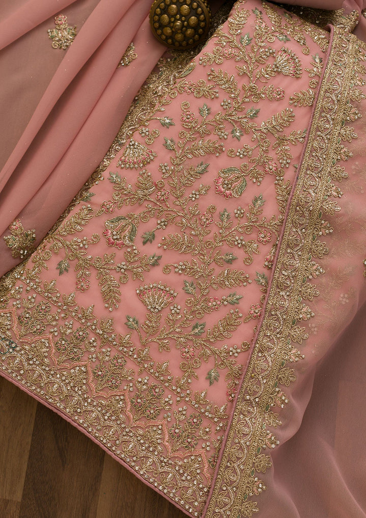 Pink Pearlwork Georgette Unstitched Salwar Kameez-Koskii