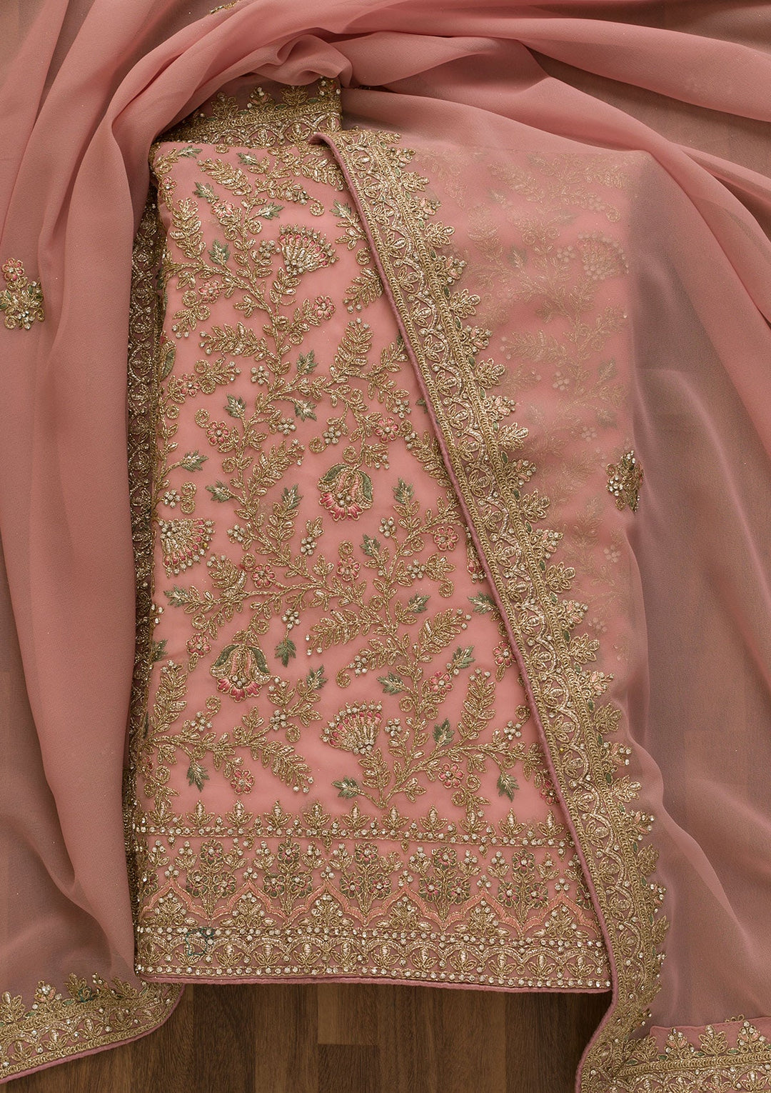 Pink Pearlwork Georgette Unstitched Salwar Kameez-Koskii