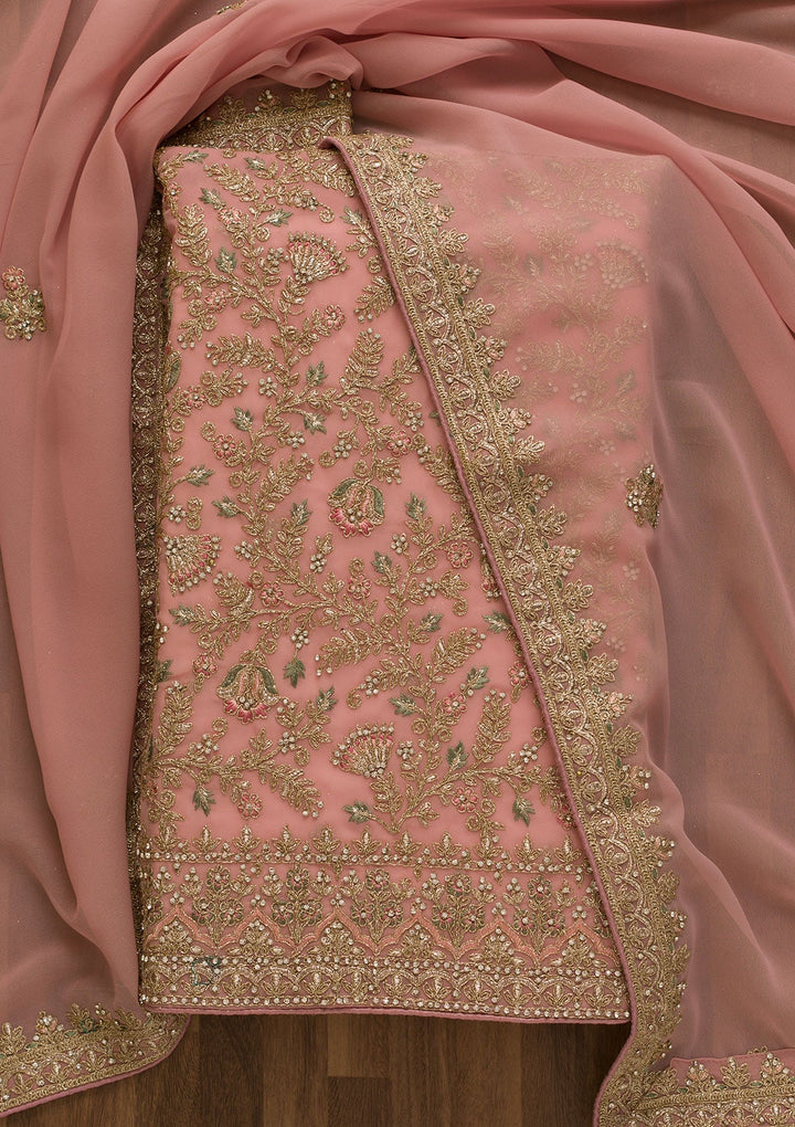 Pink Pearlwork Georgette Unstitched Salwar Kameez-Koskii