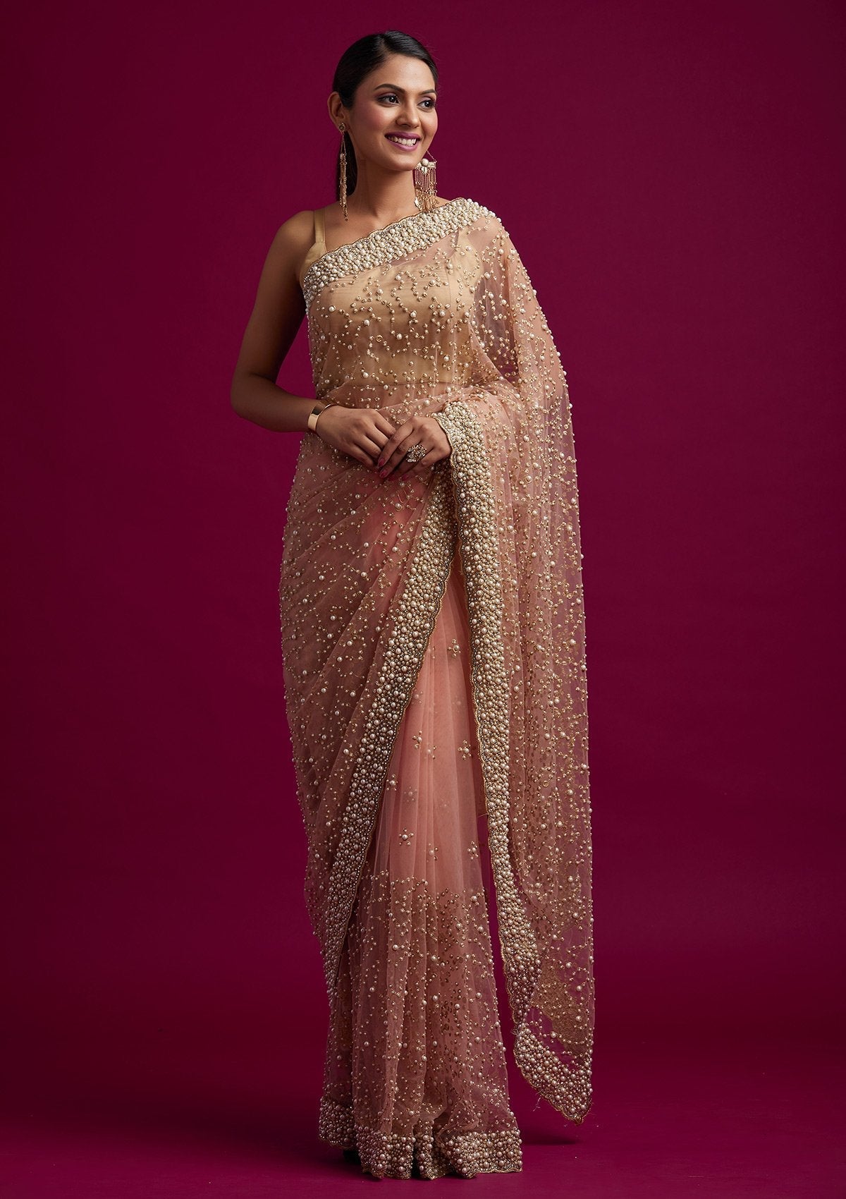 Pink Pearlwork Net Designer Saree - koskii