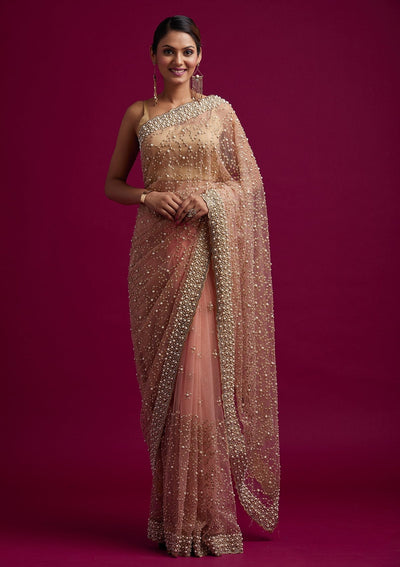 Pink Pearlwork Net Designer Saree - koskii