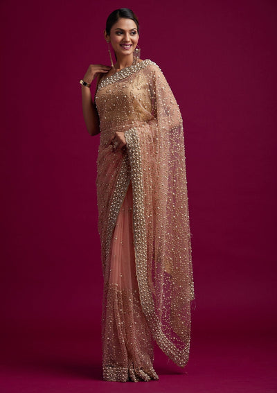 Pink Pearlwork Net Designer Saree - koskii