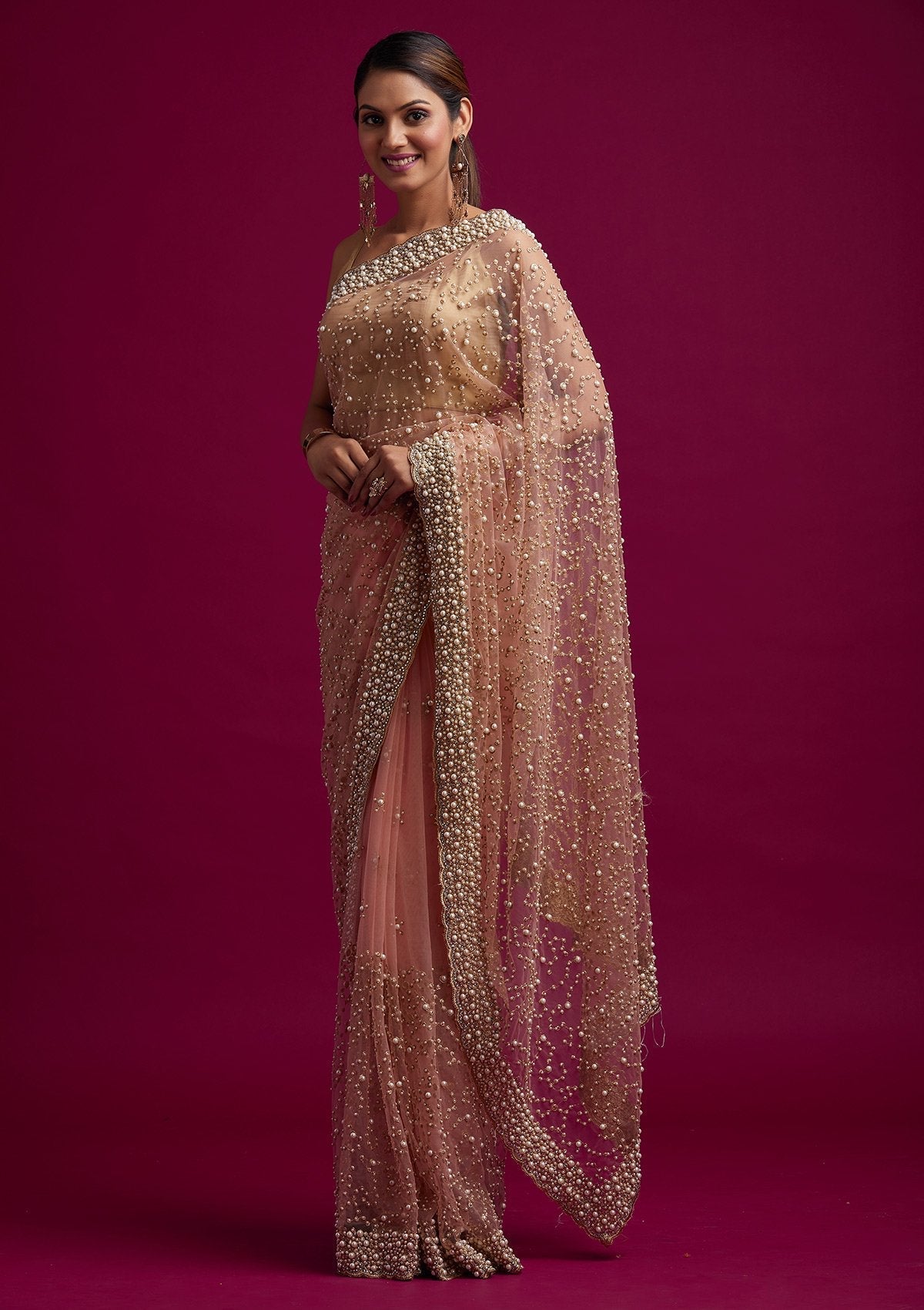 Pink Pearlwork Net Designer Saree - koskii