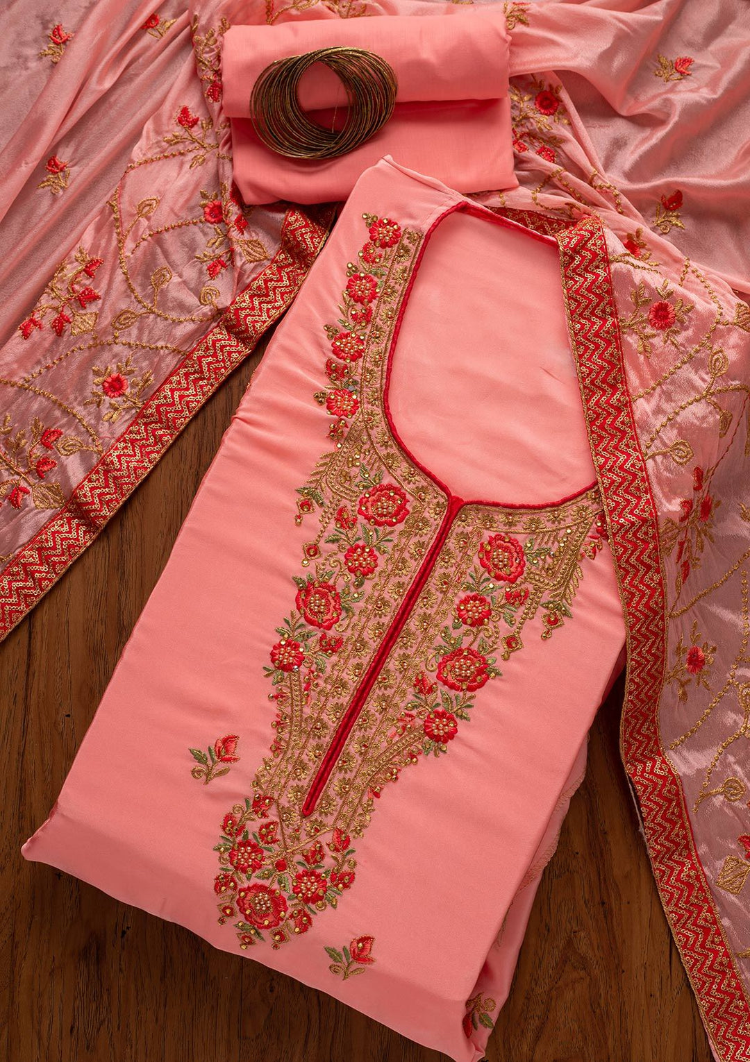 Pink Pearlwork Semi Crepe Designer Unstitched Salwar Suit - koskii