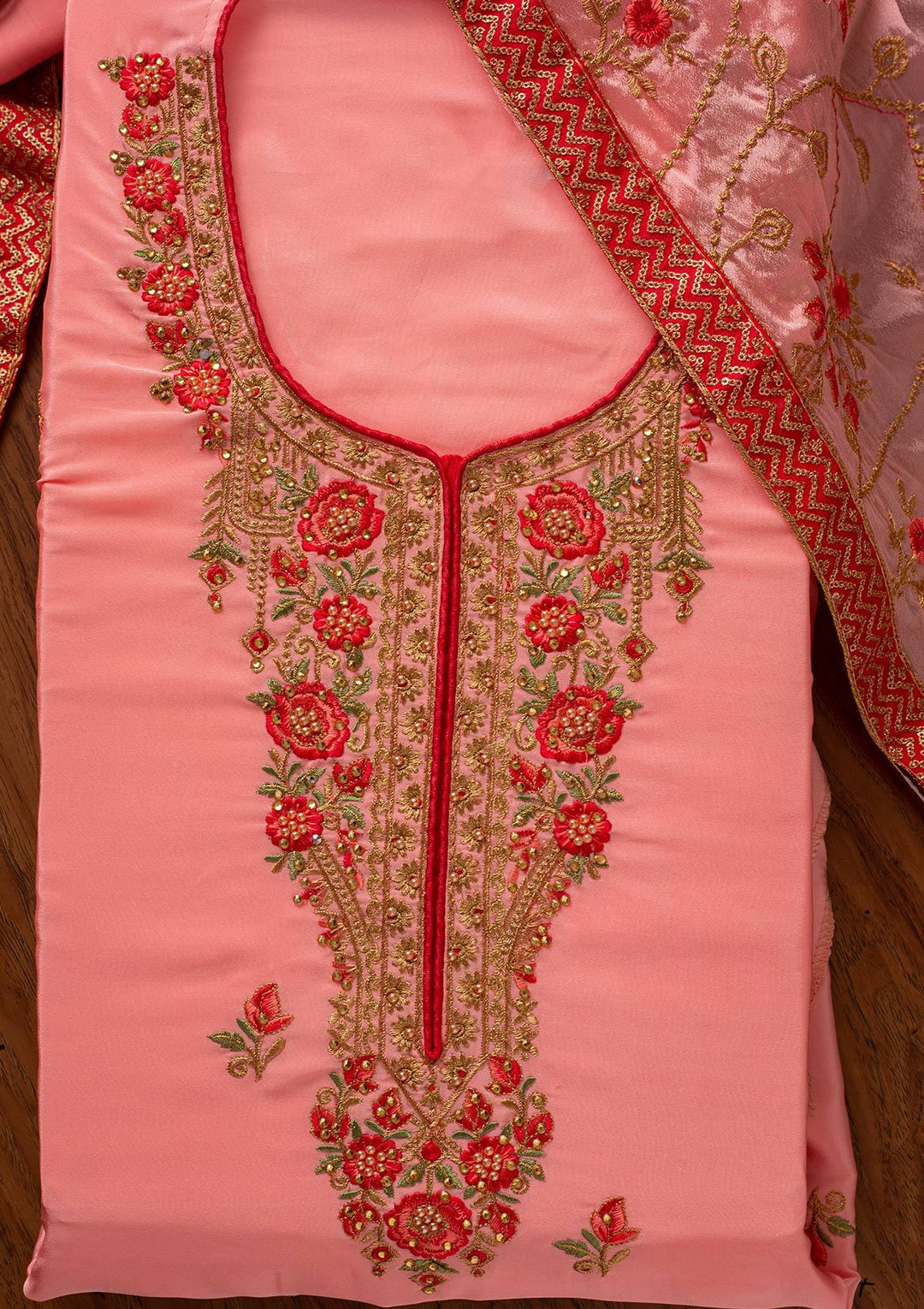 Pink Pearlwork Semi Crepe Designer Unstitched Salwar Suit - koskii