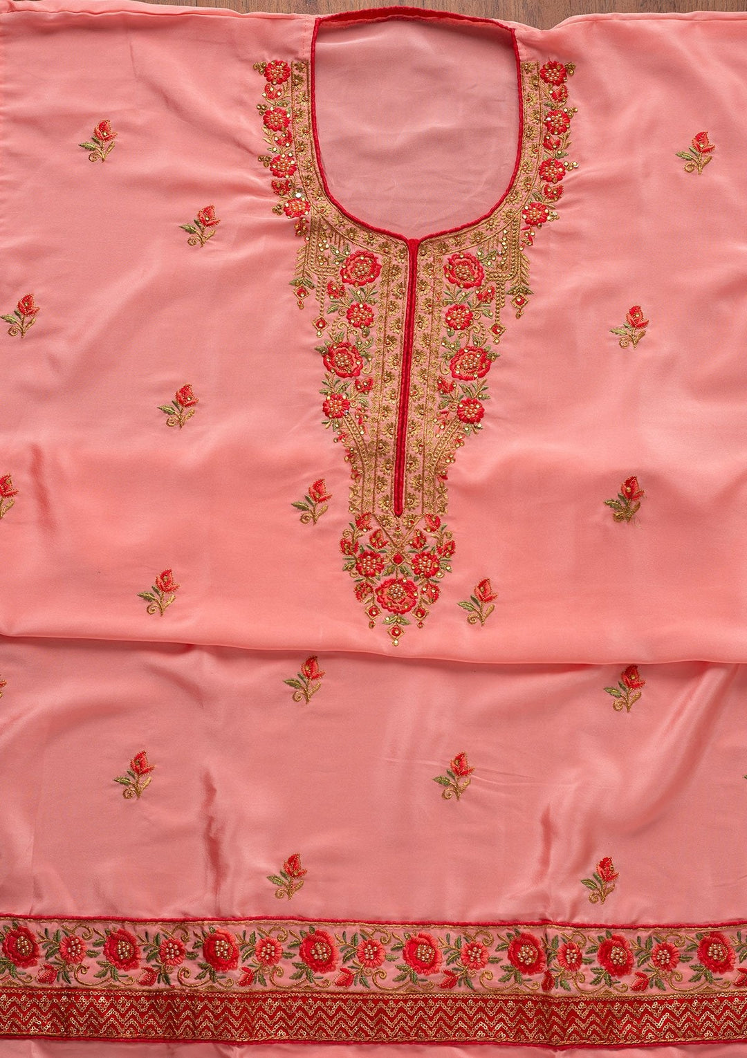 Pink Pearlwork Semi Crepe Designer Unstitched Salwar Suit - koskii