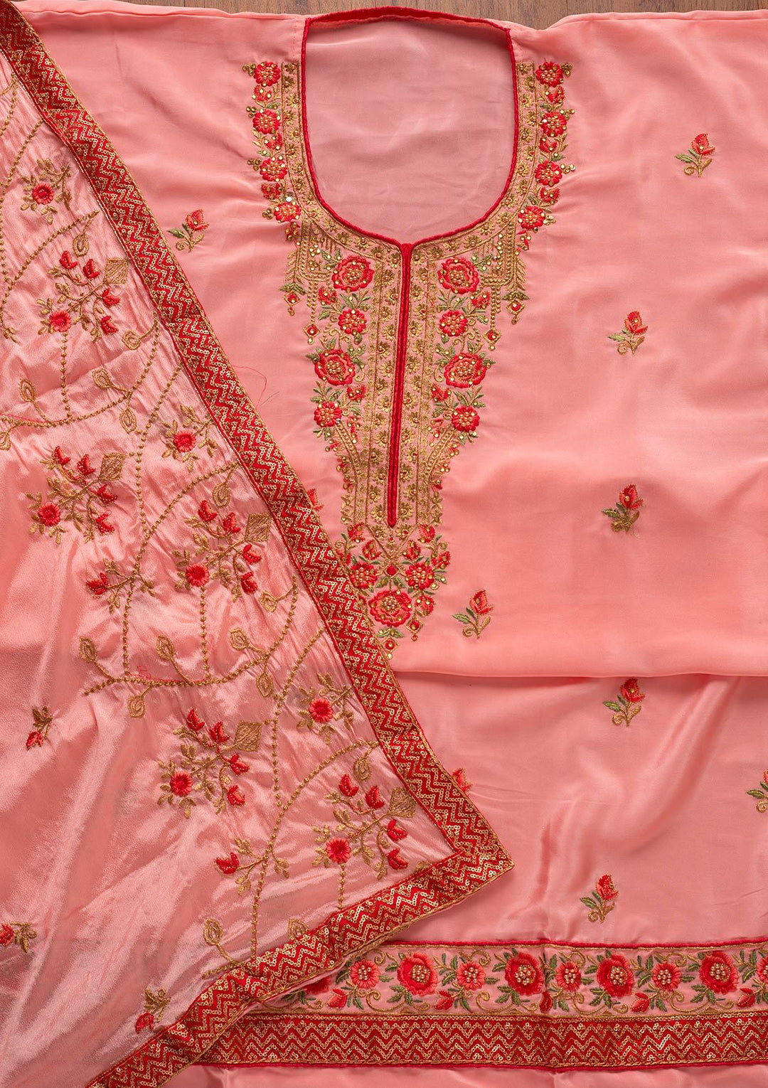 Pink Pearlwork Semi Crepe Designer Unstitched Salwar Suit - koskii