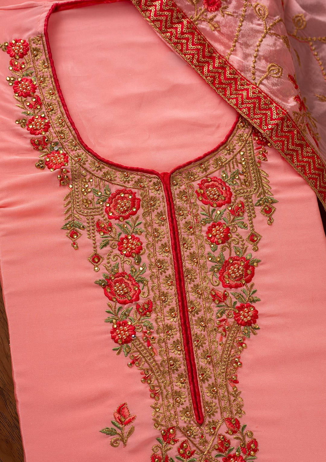 Pink Pearlwork Semi Crepe Designer Unstitched Salwar Suit - koskii