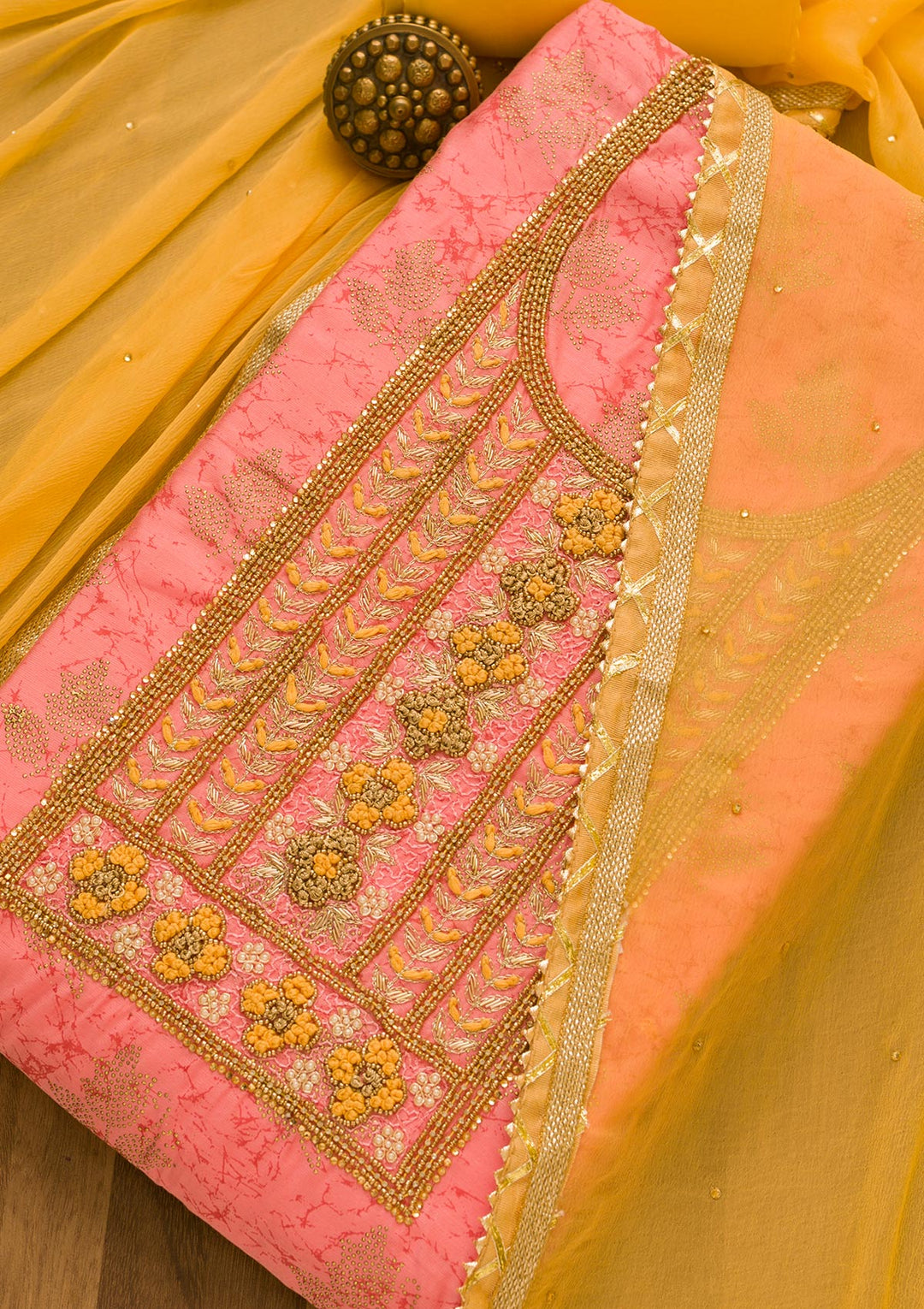 Pink Pearlwork Semi Crepe Unstitched Salwar Kameez-Koskii