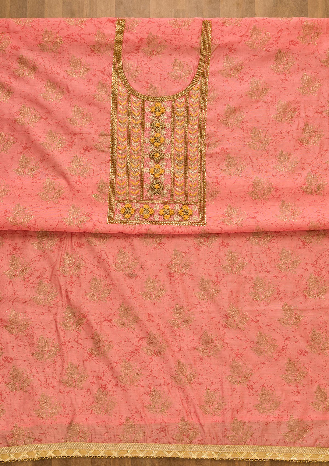 Pink Pearlwork Semi Crepe Unstitched Salwar Kameez-Koskii
