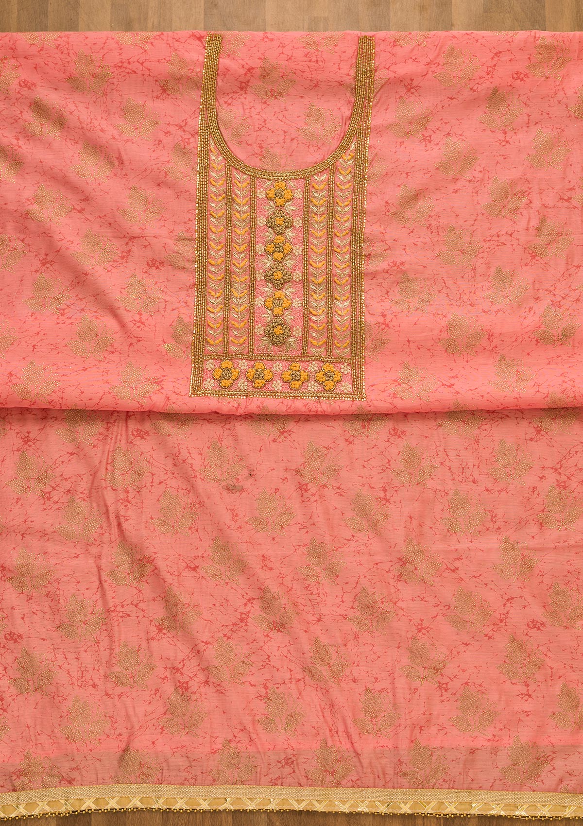 Pink Pearlwork Semi Crepe Unstitched Salwar Kameez-Koskii