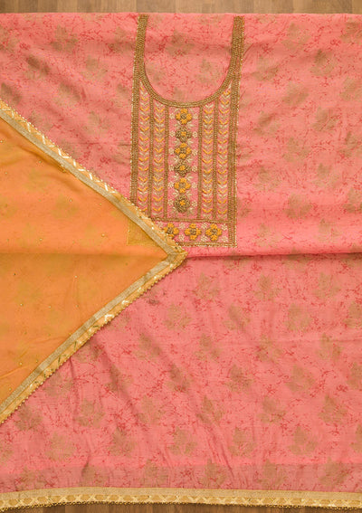 Pink Pearlwork Semi Crepe Unstitched Salwar Kameez-Koskii