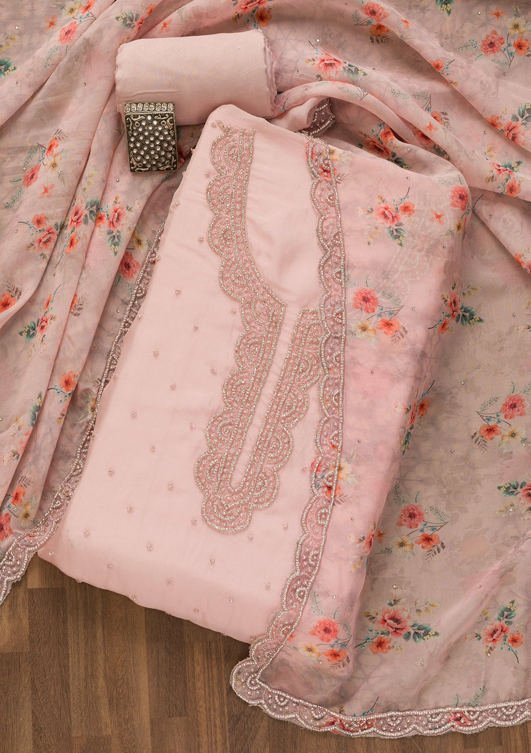 Pink Cutdana Organza Unstitched Salwar Kameez-Koskii