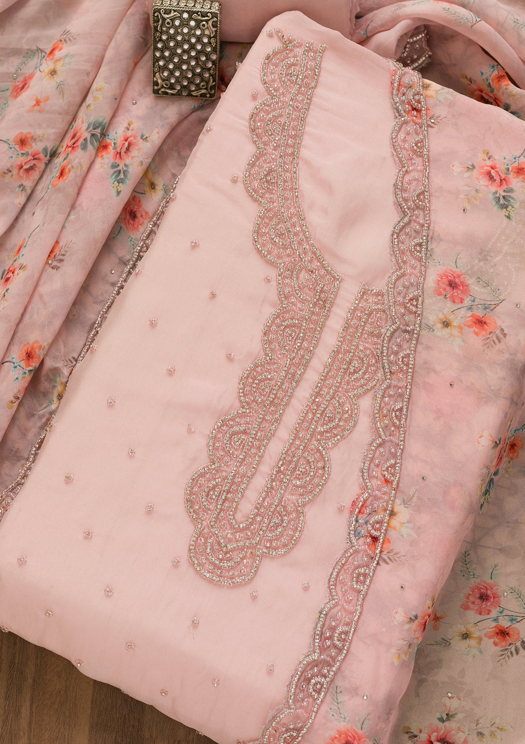Pink Cutdana Organza Unstitched Salwar Kameez-Koskii