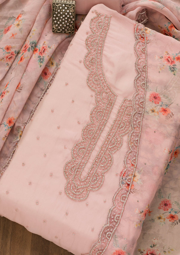 Pink Cutdana Organza Unstitched Salwar Kameez-Koskii