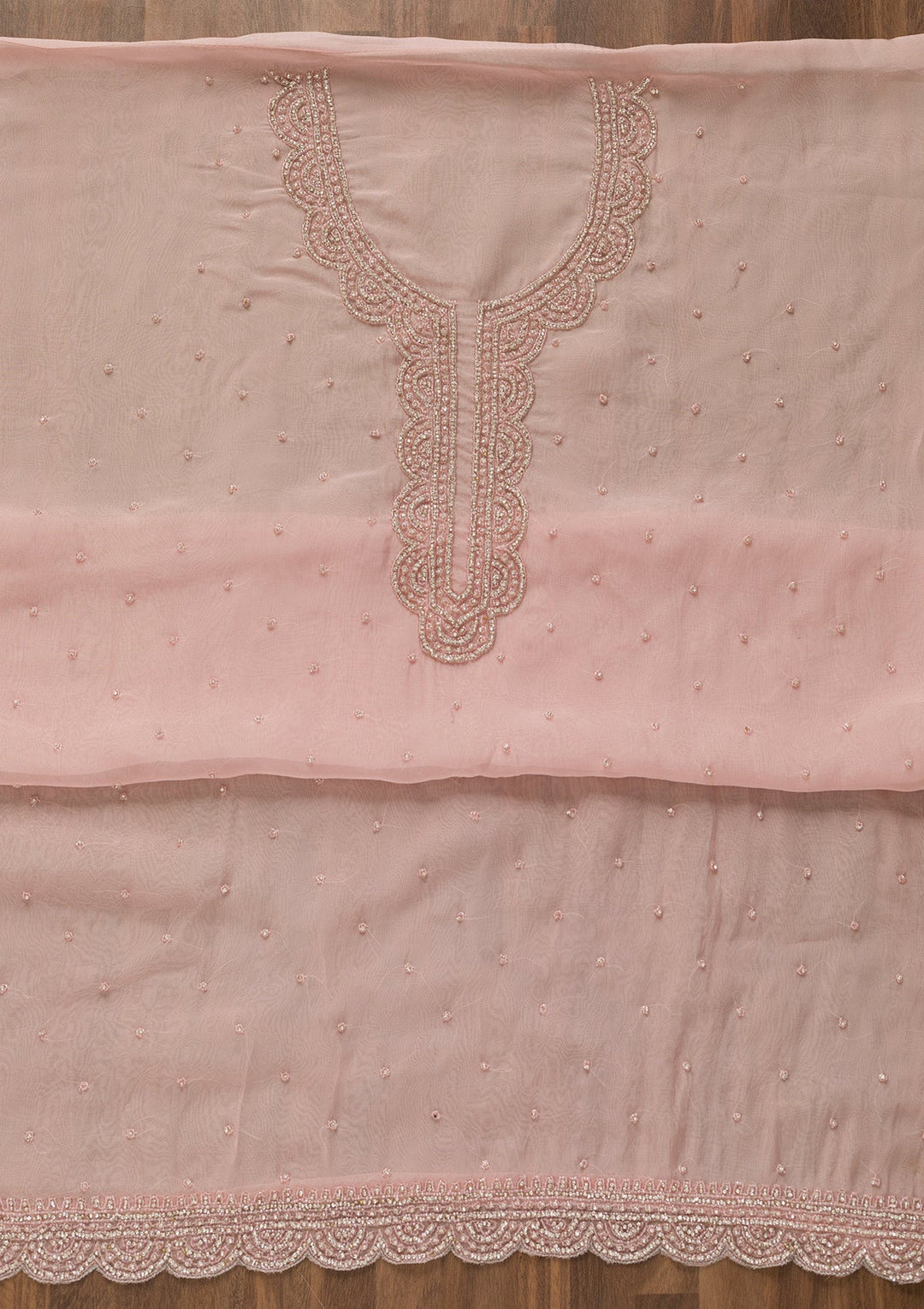 Pink Cutdana Organza Unstitched Salwar Kameez-Koskii
