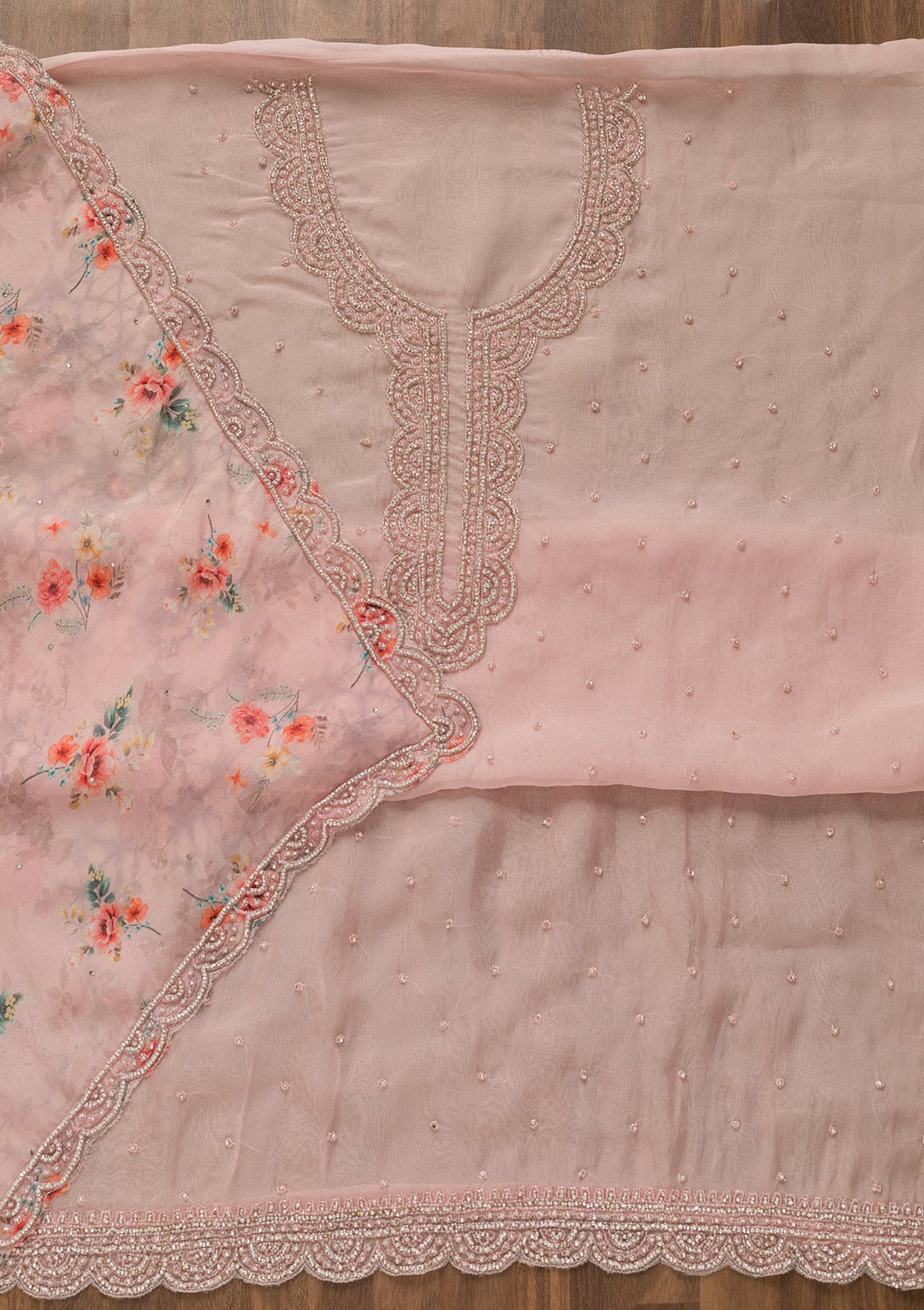 Pink Cutdana Organza Unstitched Salwar Kameez-Koskii