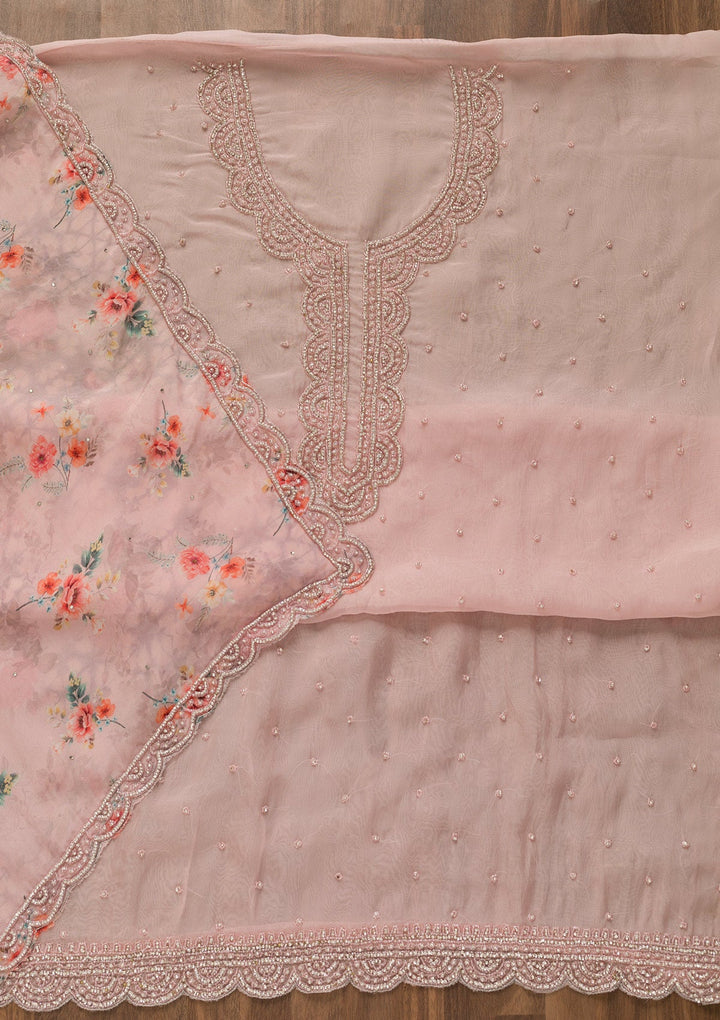 Pink Cutdana Organza Unstitched Salwar Kameez-Koskii