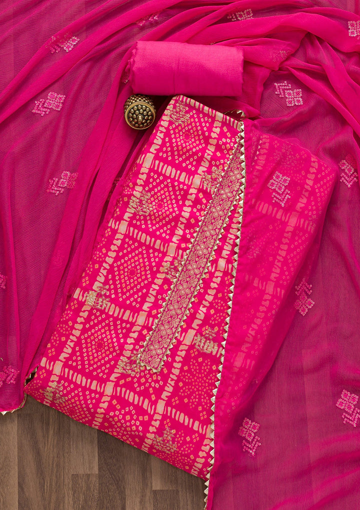 Pink Bandhani Semi Crepe Unstitched Salwar Suit-Koskii