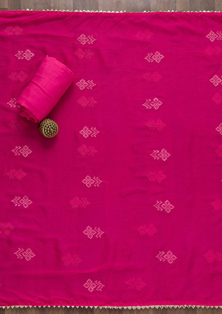 Pink Bandhani Semi Crepe Unstitched Salwar Suit-Koskii