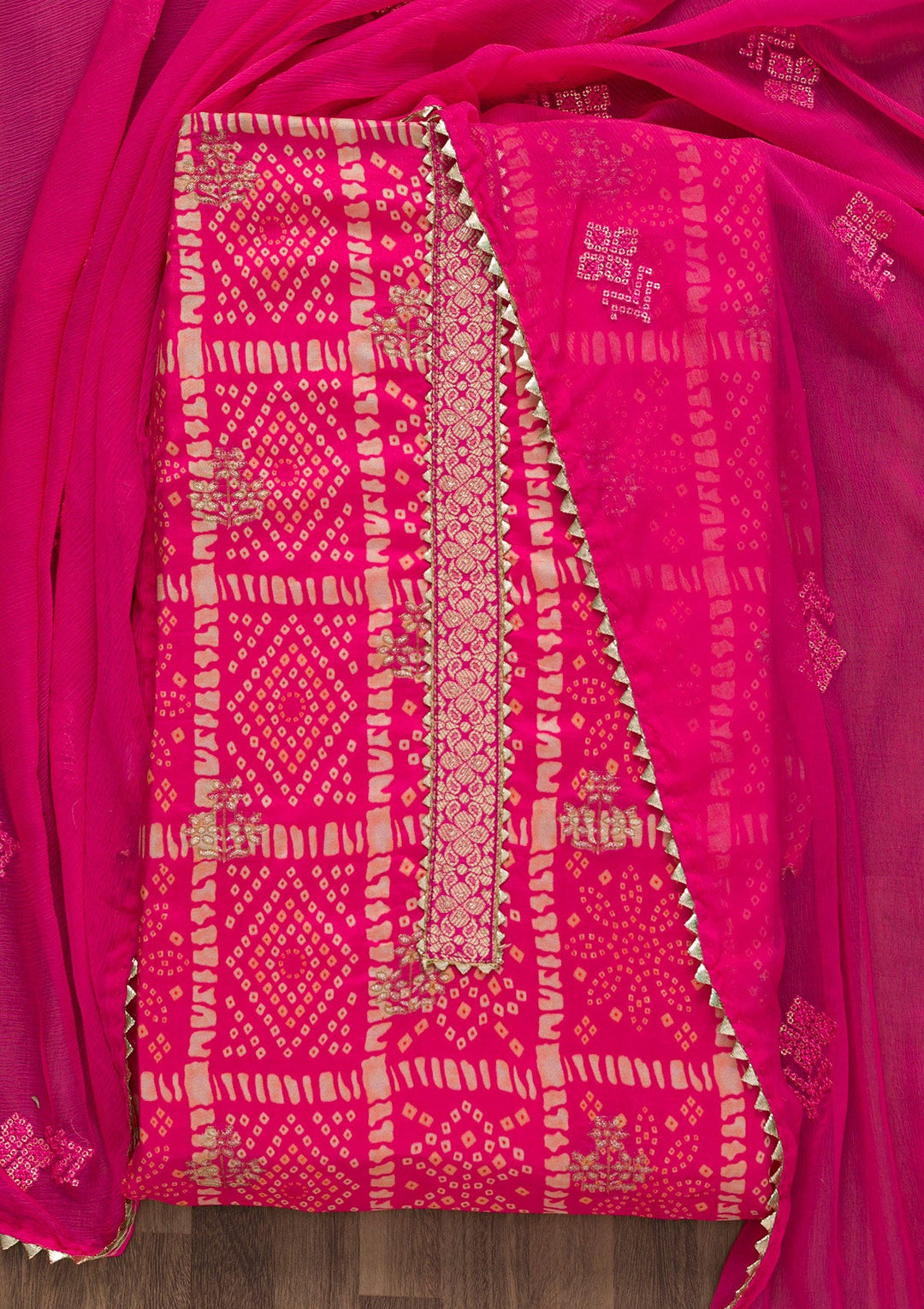 Pink Bandhani Semi Crepe Unstitched Salwar Suit-Koskii
