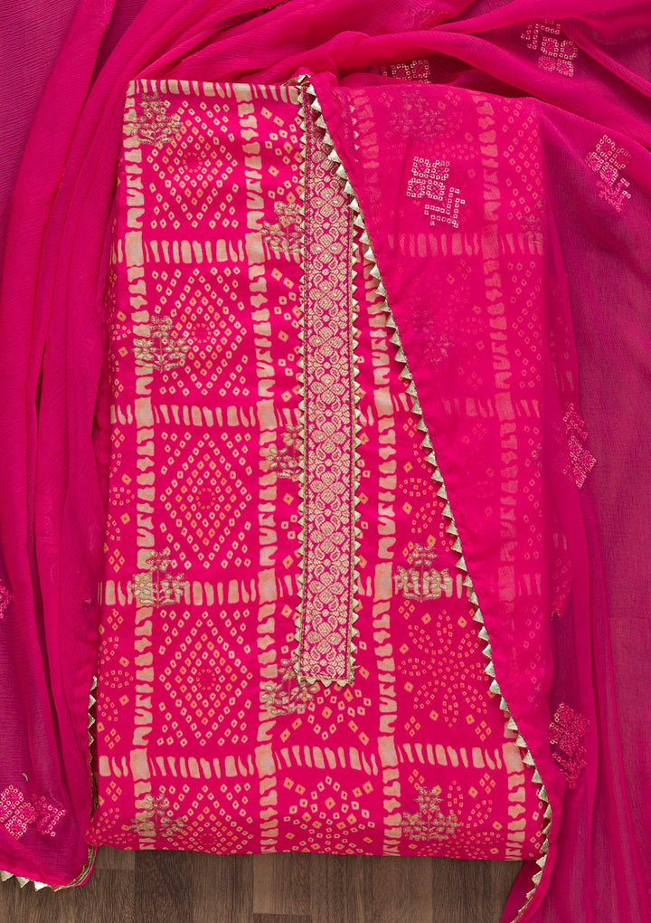 Pink Bandhani Semi Crepe Unstitched Salwar Suit-Koskii