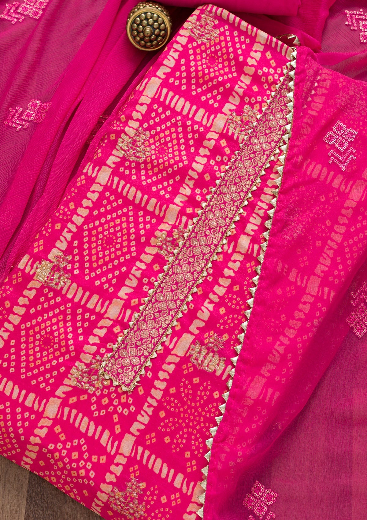 Pink Bandhani Semi Crepe Unstitched Salwar Suit-Koskii
