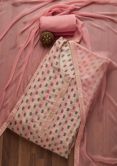 Pink Sequins Chanderi Unstitched Salwar Suit- Koskii