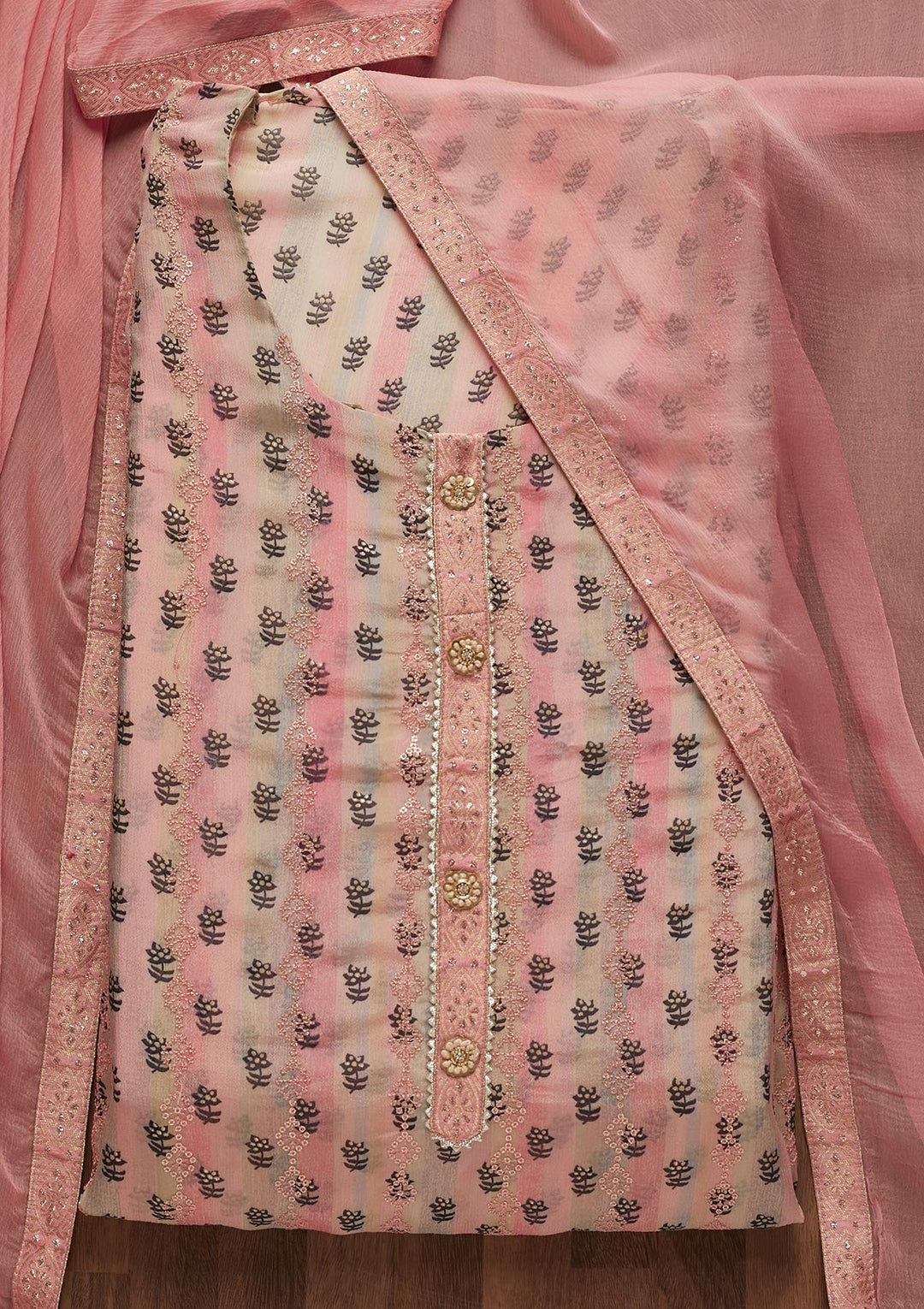 Pink Sequins Chanderi Unstitched Salwar Suit - Koskii