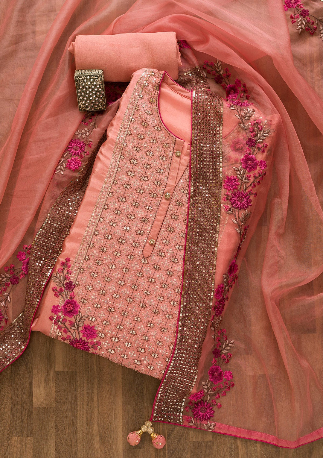 Pink Sequins Crepe Unstitched Salwar Kameez-Koskii