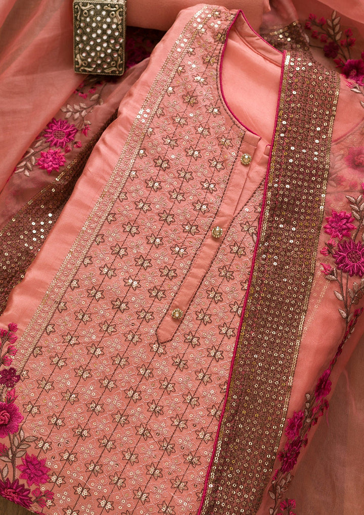 Pink Sequins Crepe Unstitched Salwar Kameez-Koskii