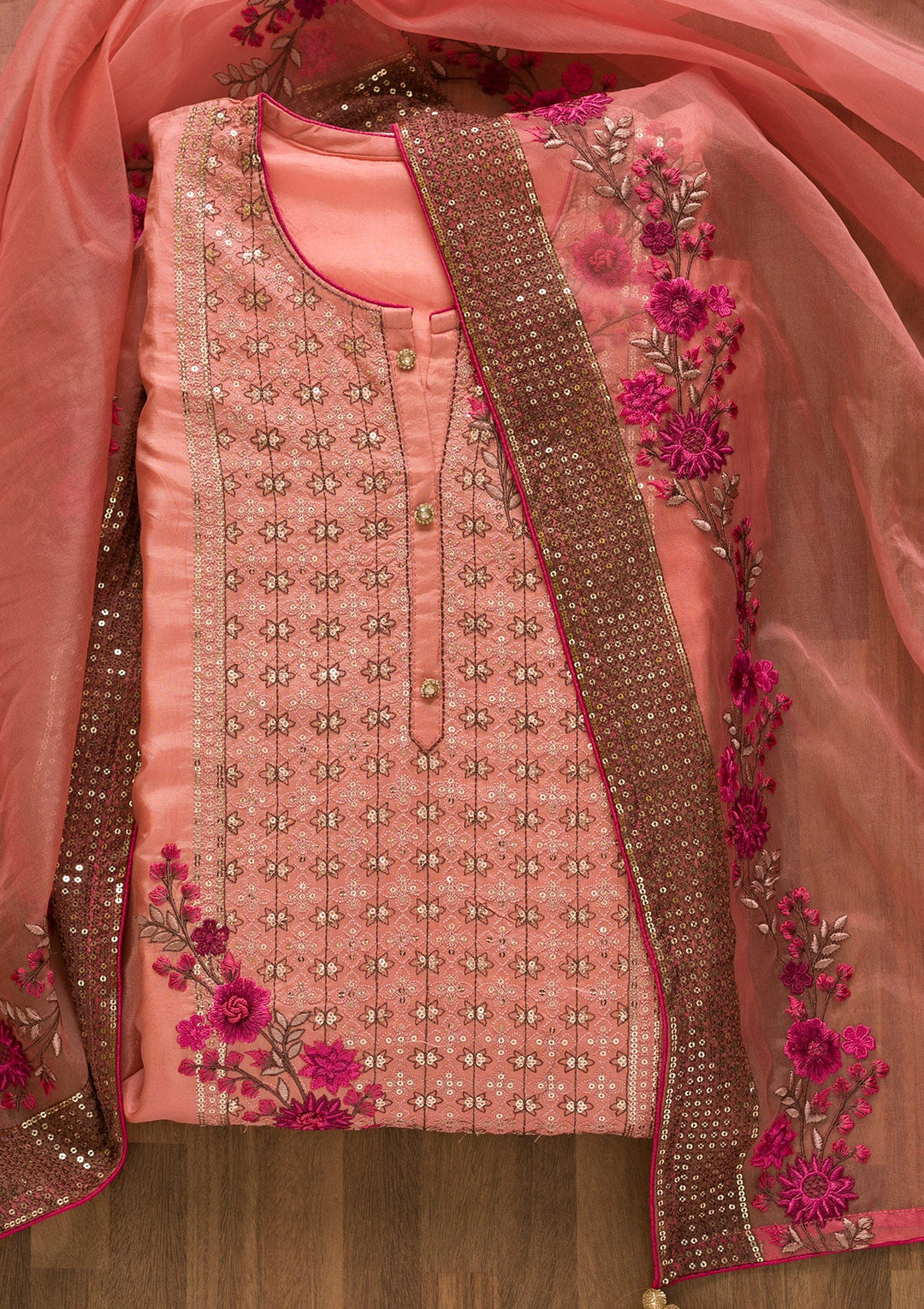 Pink Sequins Crepe Unstitched Salwar Kameez-Koskii