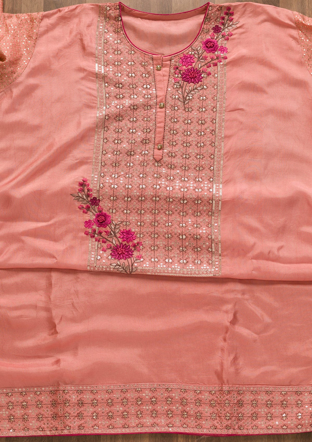 Pink Sequins Crepe Unstitched Salwar Kameez-Koskii