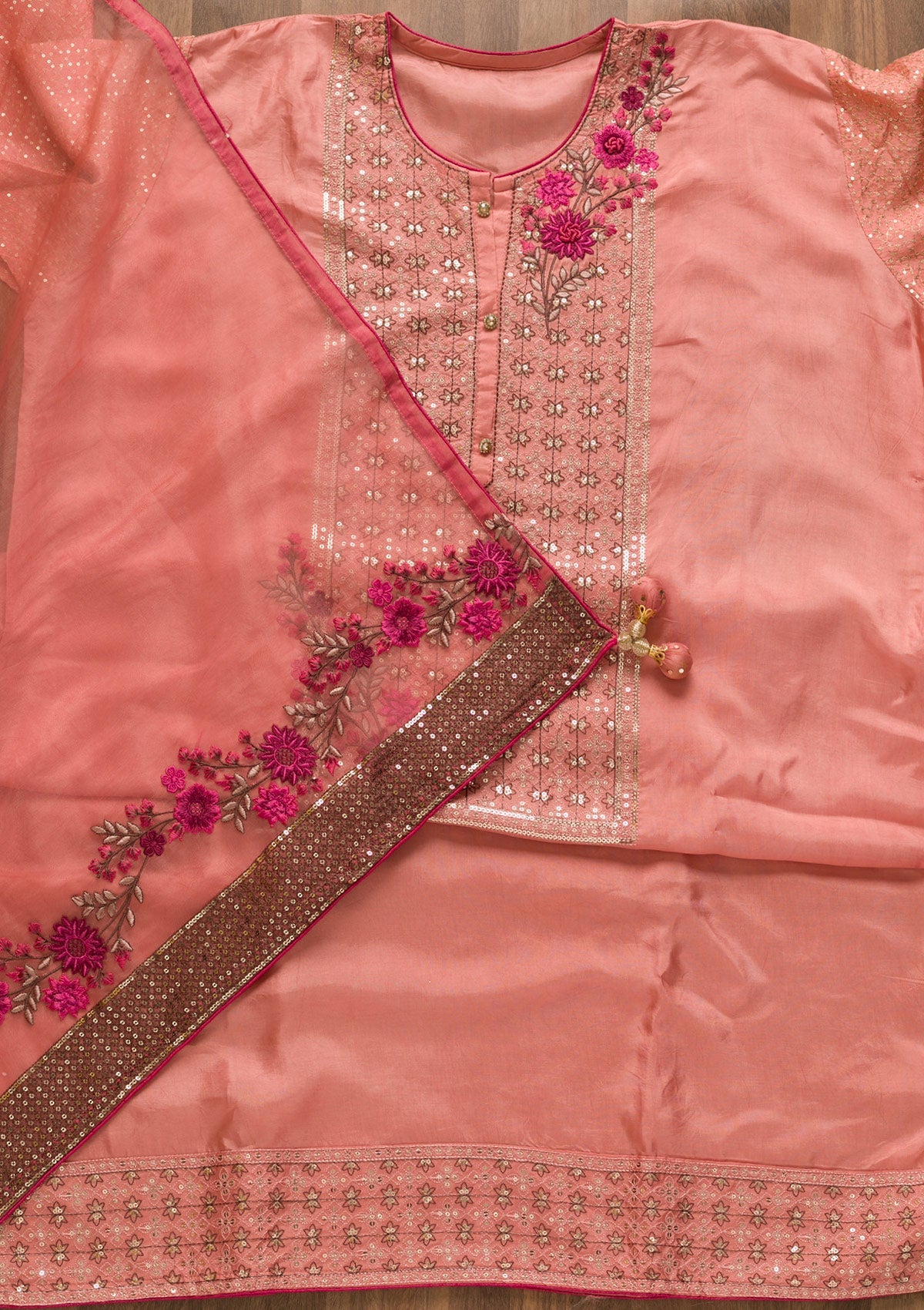 Pink Sequins Crepe Unstitched Salwar Kameez-Koskii