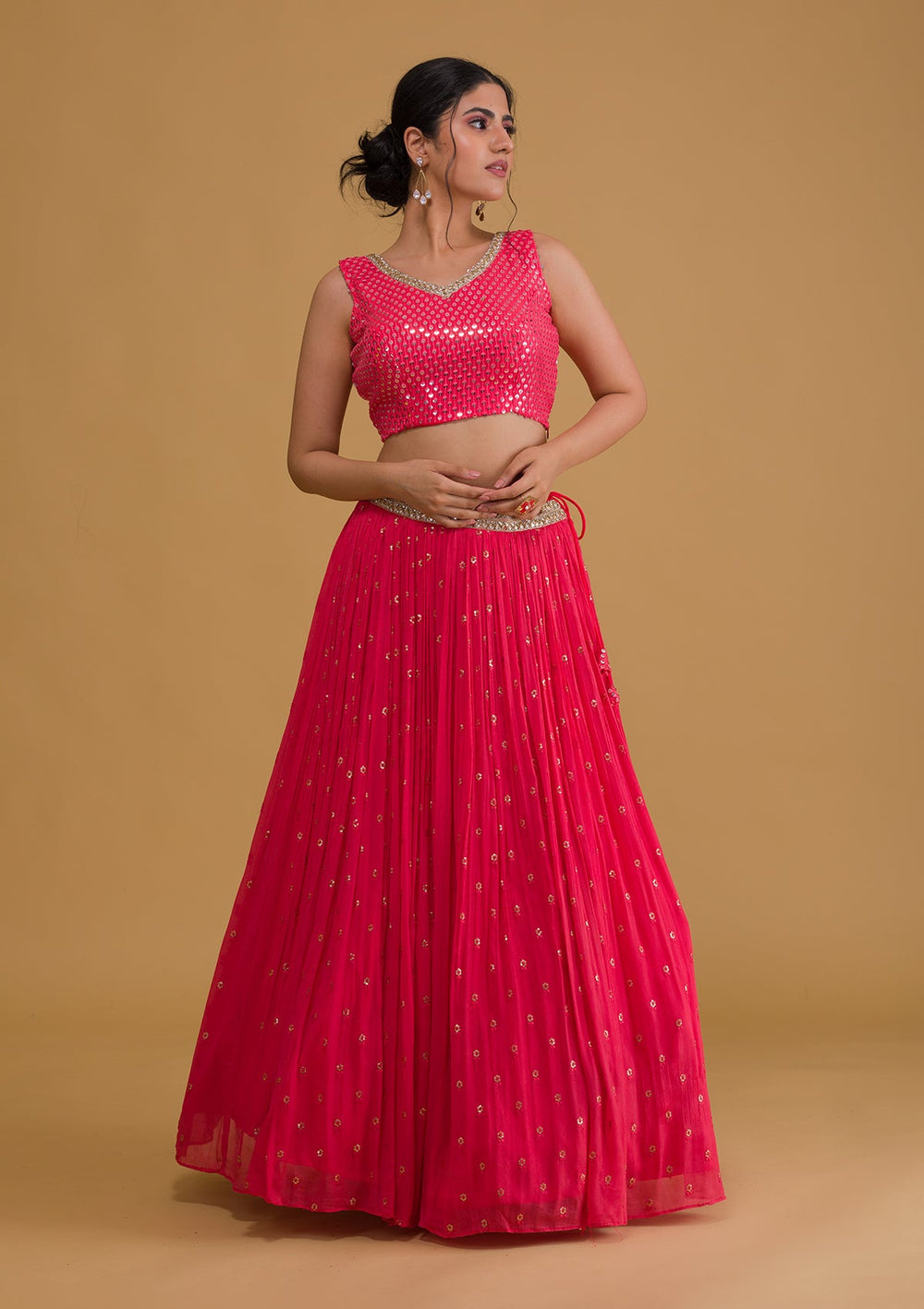 Pink Sequins Georgette Readymade Lehenga-Koskii