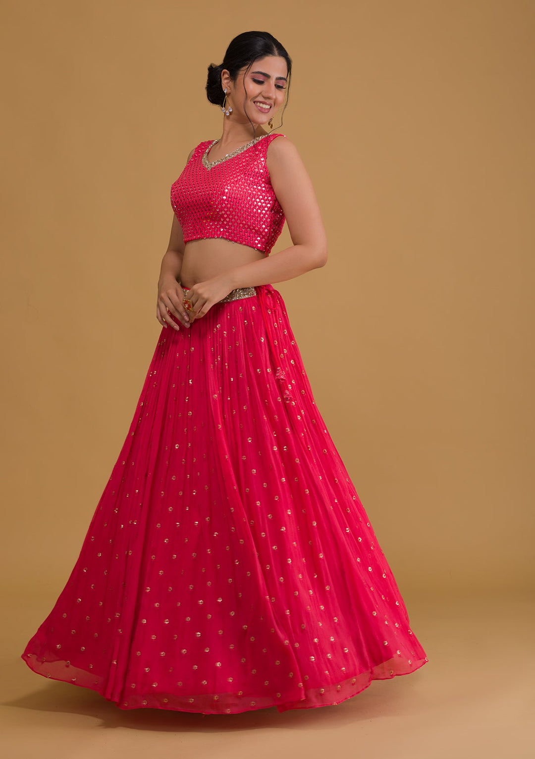 Pink Sequins Georgette Readymade Lehenga-Koskii