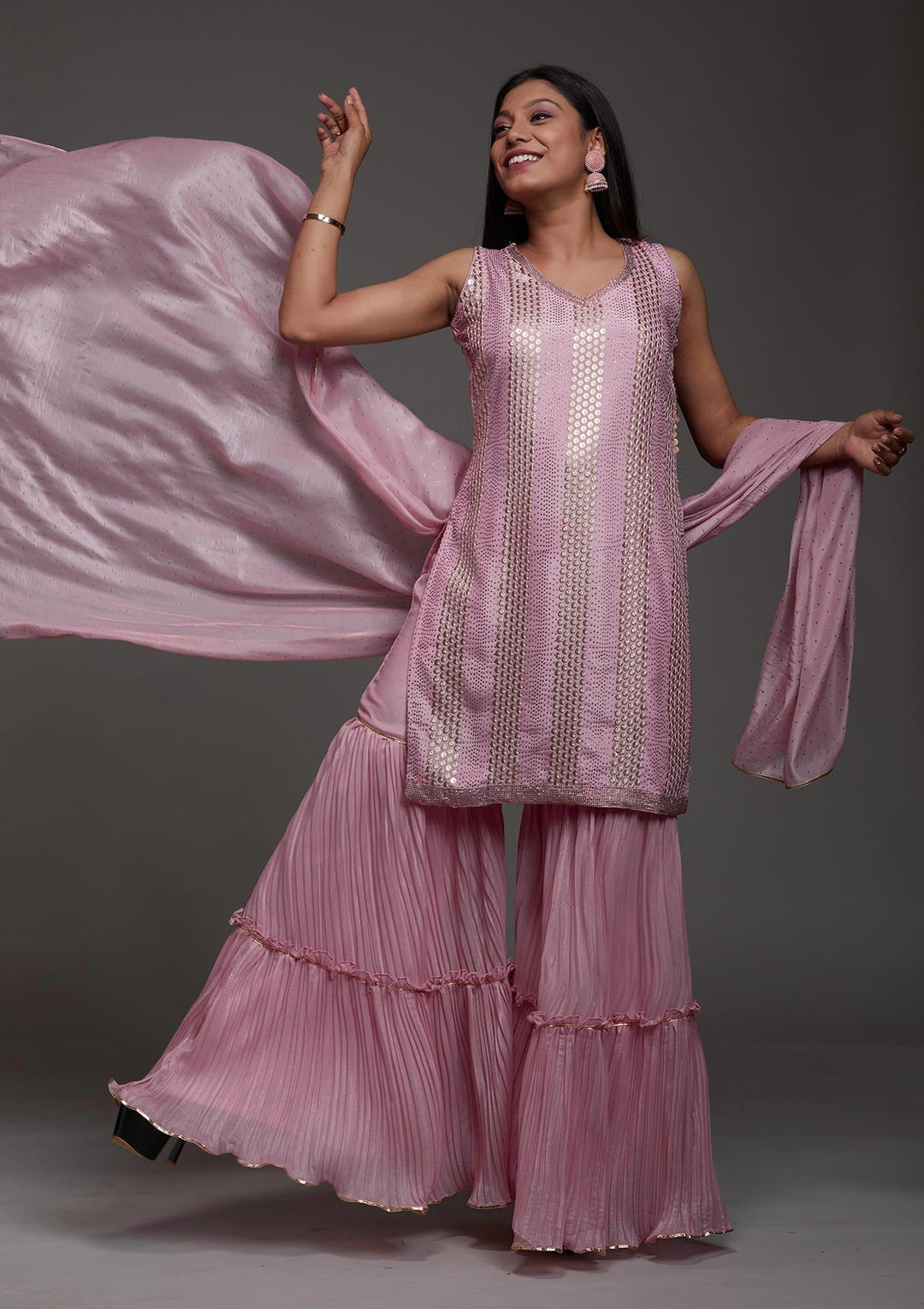 Pink Sequins Semi Crepe Designer Salwar Suit-Koskii