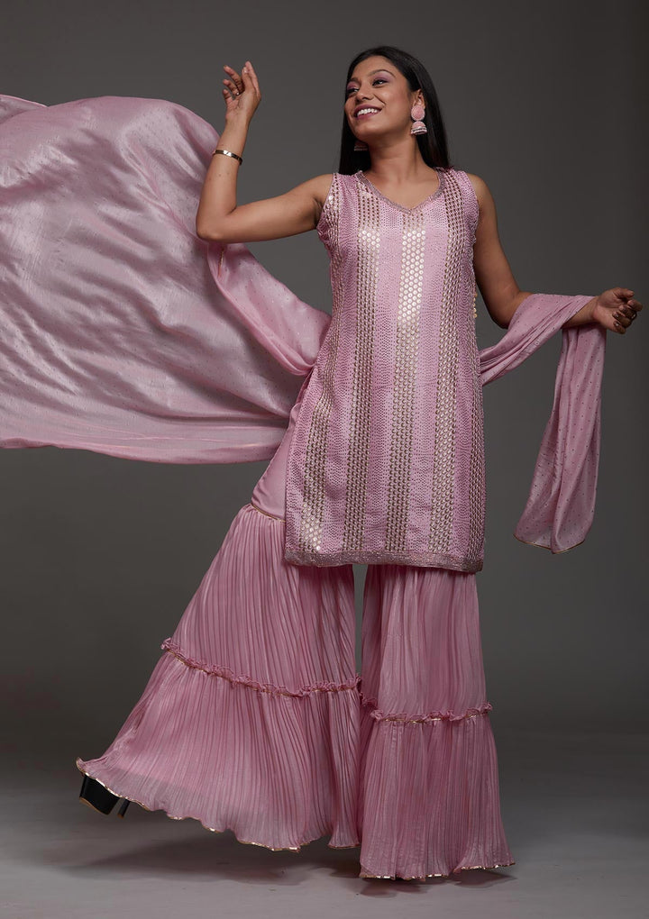 Pink Sequins Semi Crepe Designer Salwar Suit-Koskii