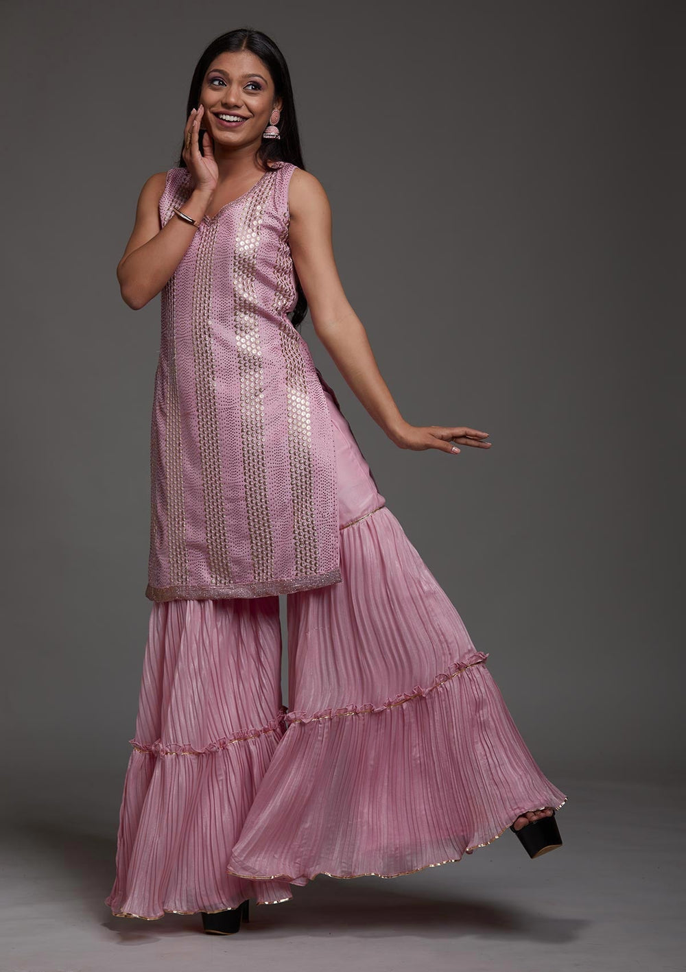 Pink Sequins Semi Crepe Designer Salwar Suit-Koskii