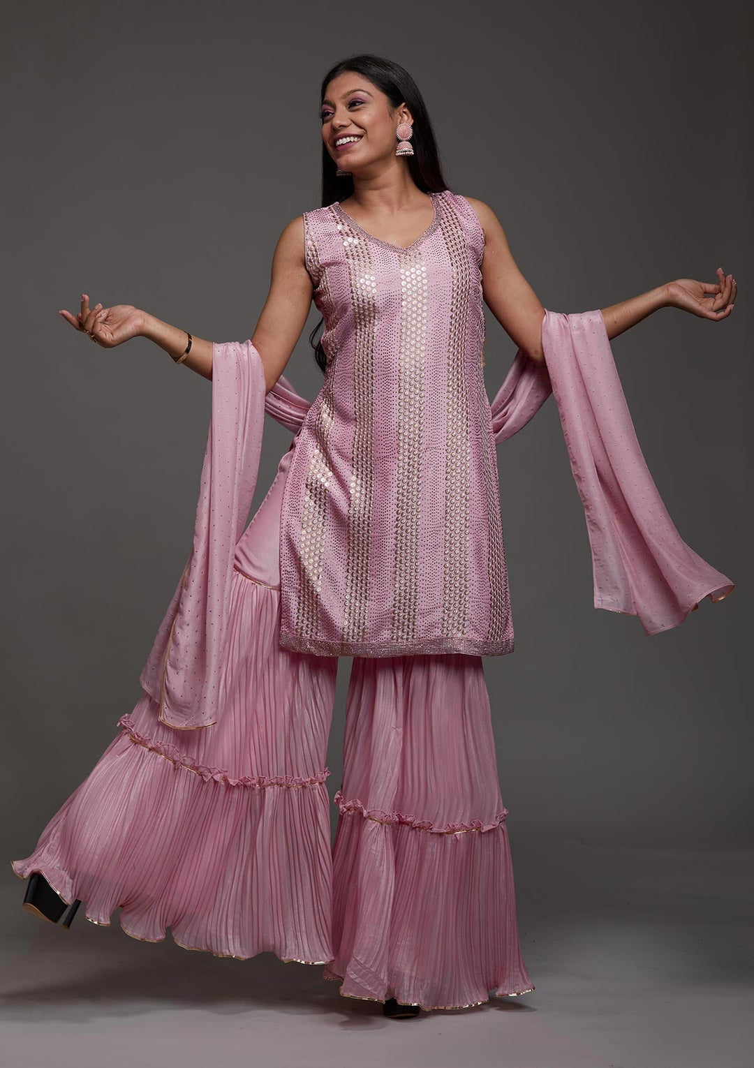 Pink Sequins Semi Crepe Designer Salwar Suit-Koskii
