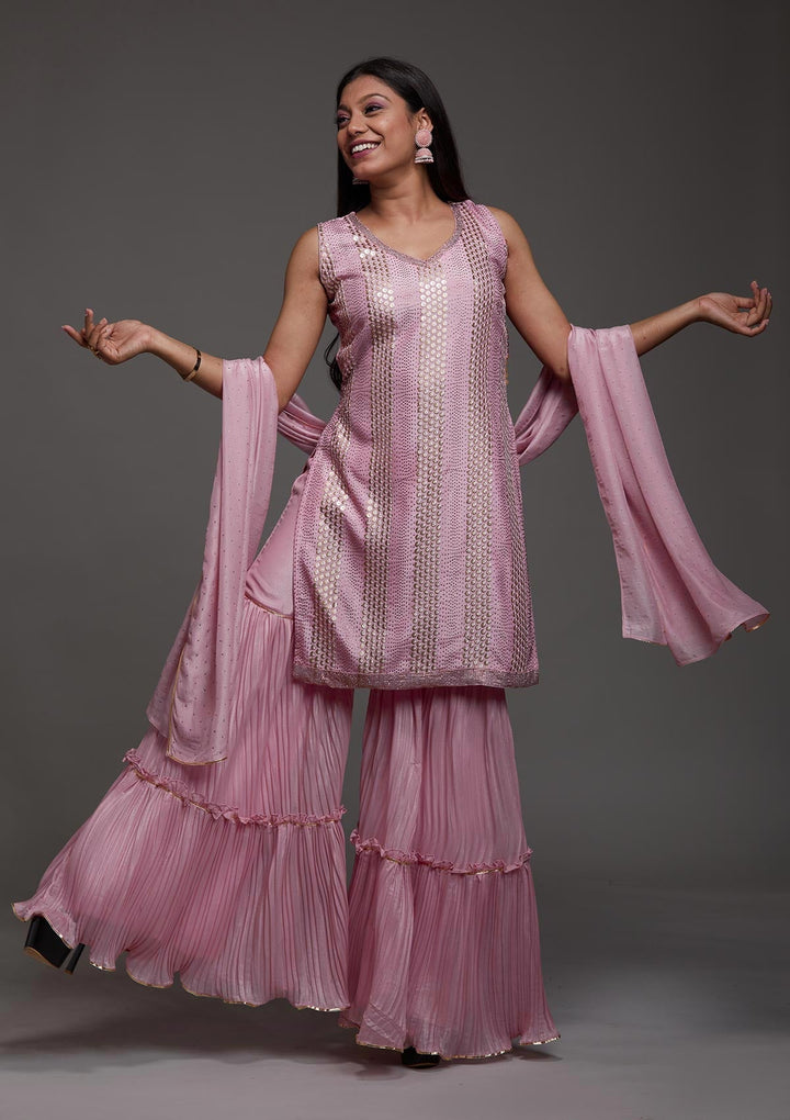 Pink Sequins Semi Crepe Designer Salwar Suit-Koskii