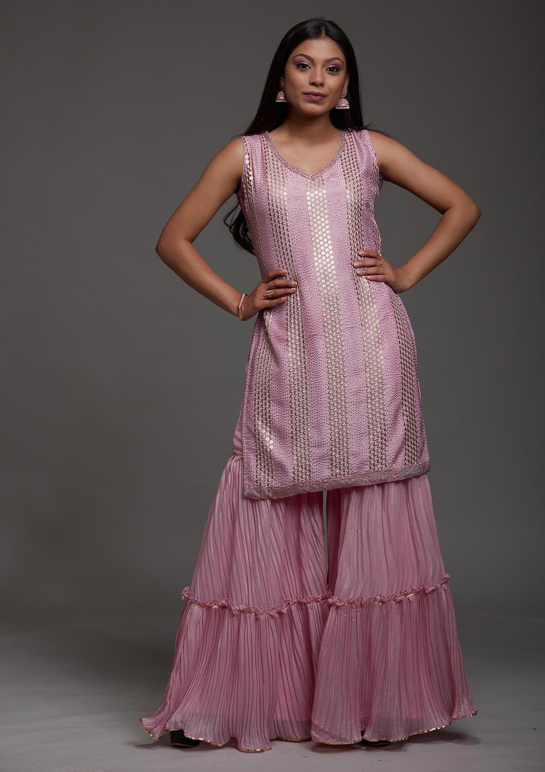 Pink Sequins Semi Crepe Designer Salwar Suit-Koskii