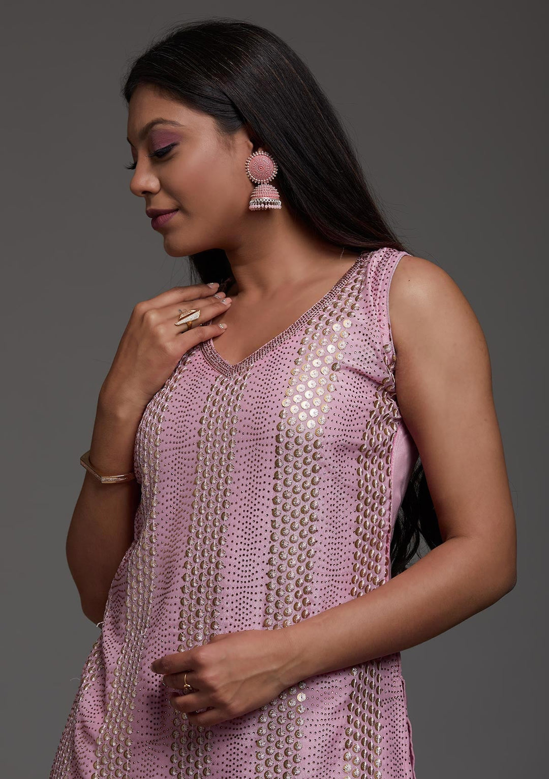 Pink Sequins Semi Crepe Designer Salwar Suit-Koskii