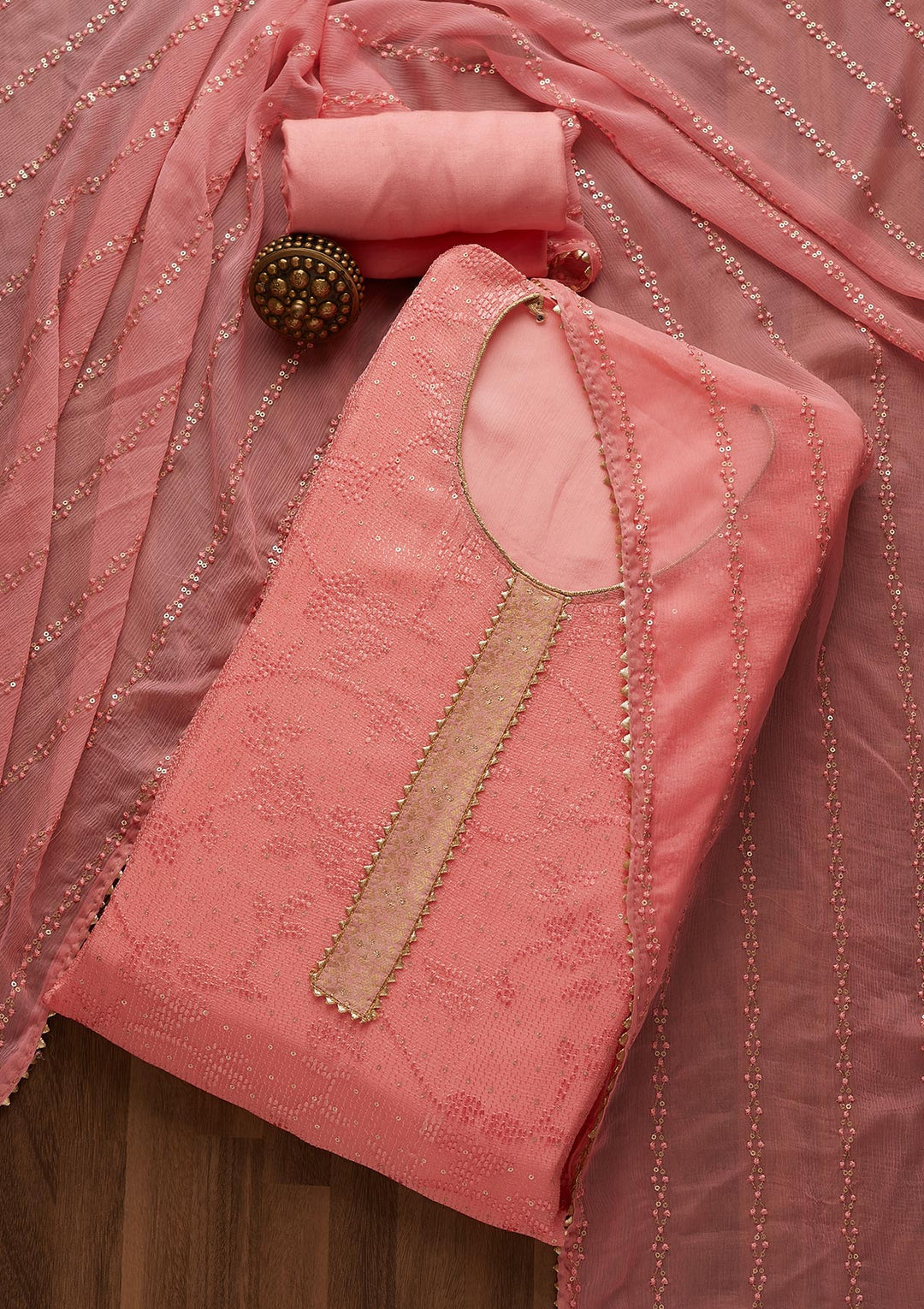 Pink Sequins Georgette Semi-Stitched Salwar Suit-Koskii