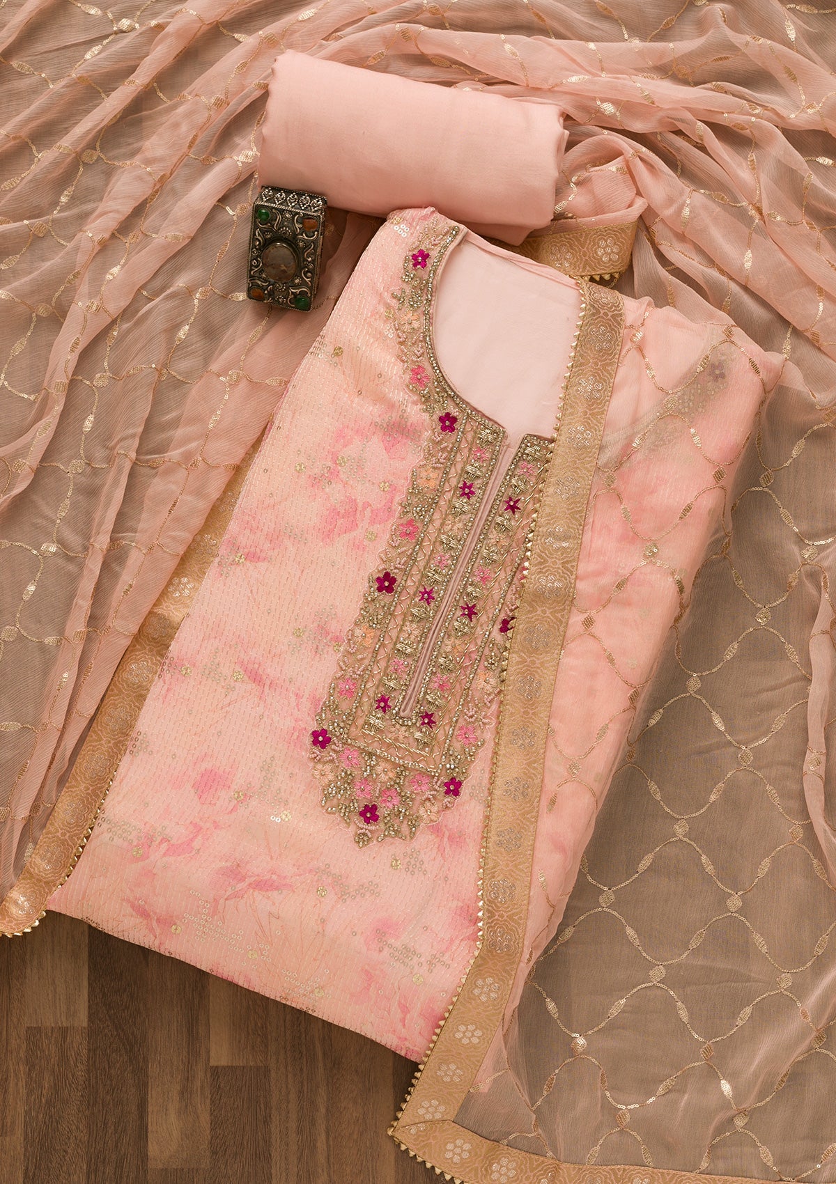 Pink Sequins Georgette Unstitched Salwar Suit-Koskii