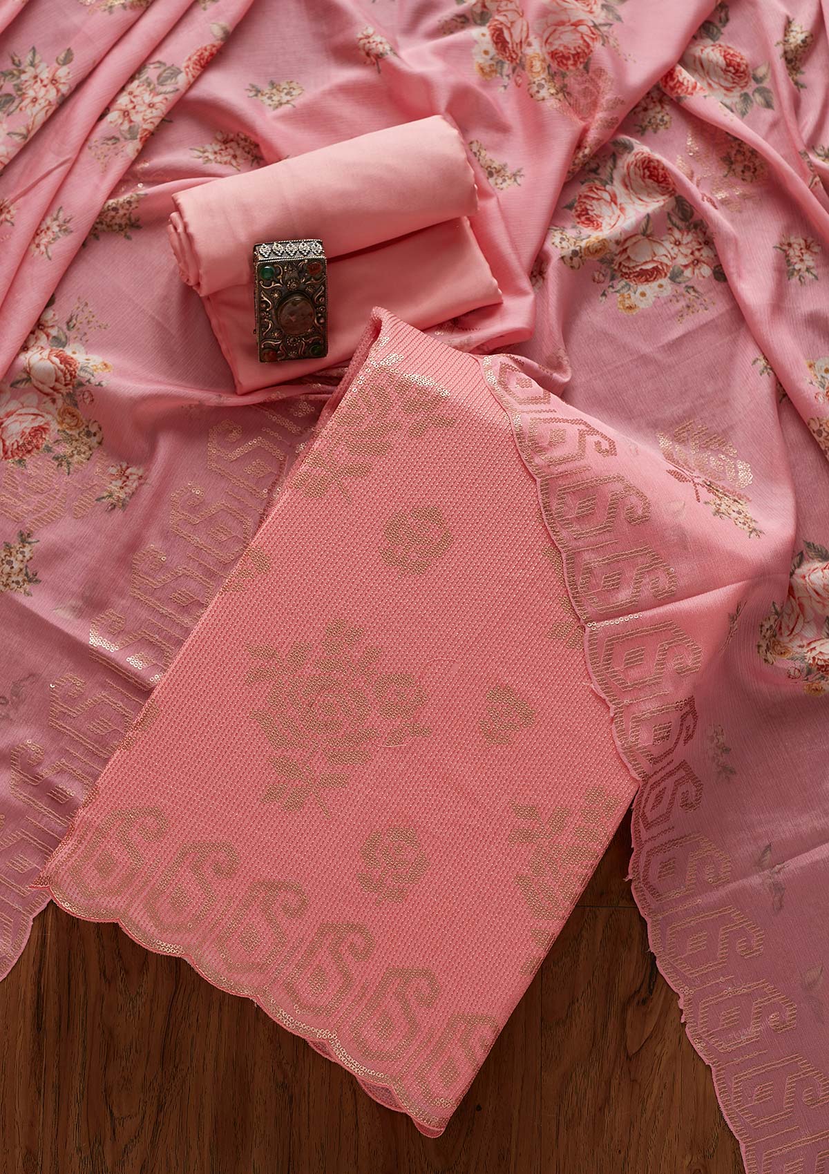Pink Sequins Georgette Designer Unstitched Salwar Suit - koskii